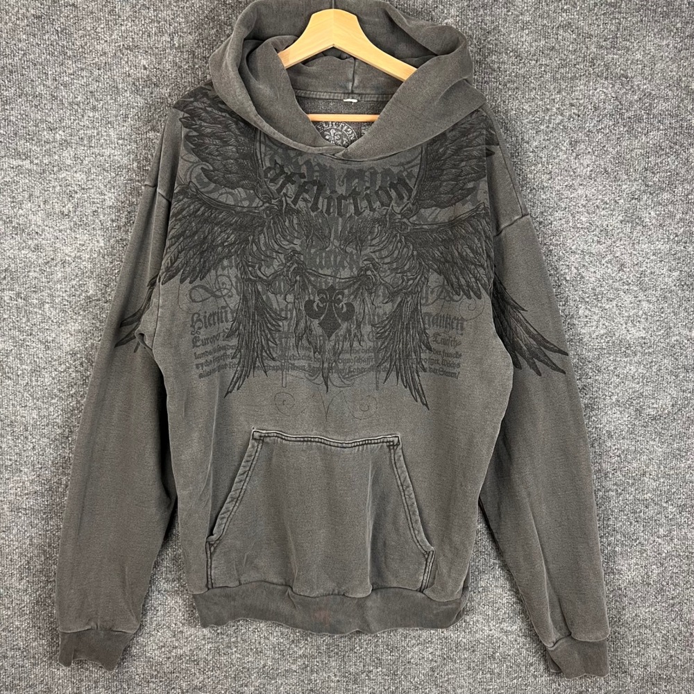 Affliction Hoodie Mens XL Gray Good Wing Graphic Y2K Cyber Grunge Goth Pullover